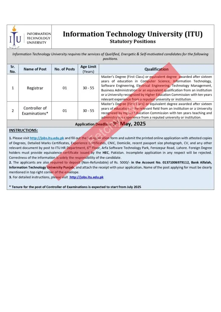 Information Technology University (ITU) Jobs Advertisement 2025