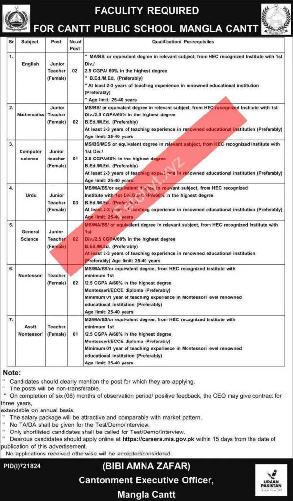 Teaching Jobs in Cantt Public School Mangla Cantt 2025 Advertisement