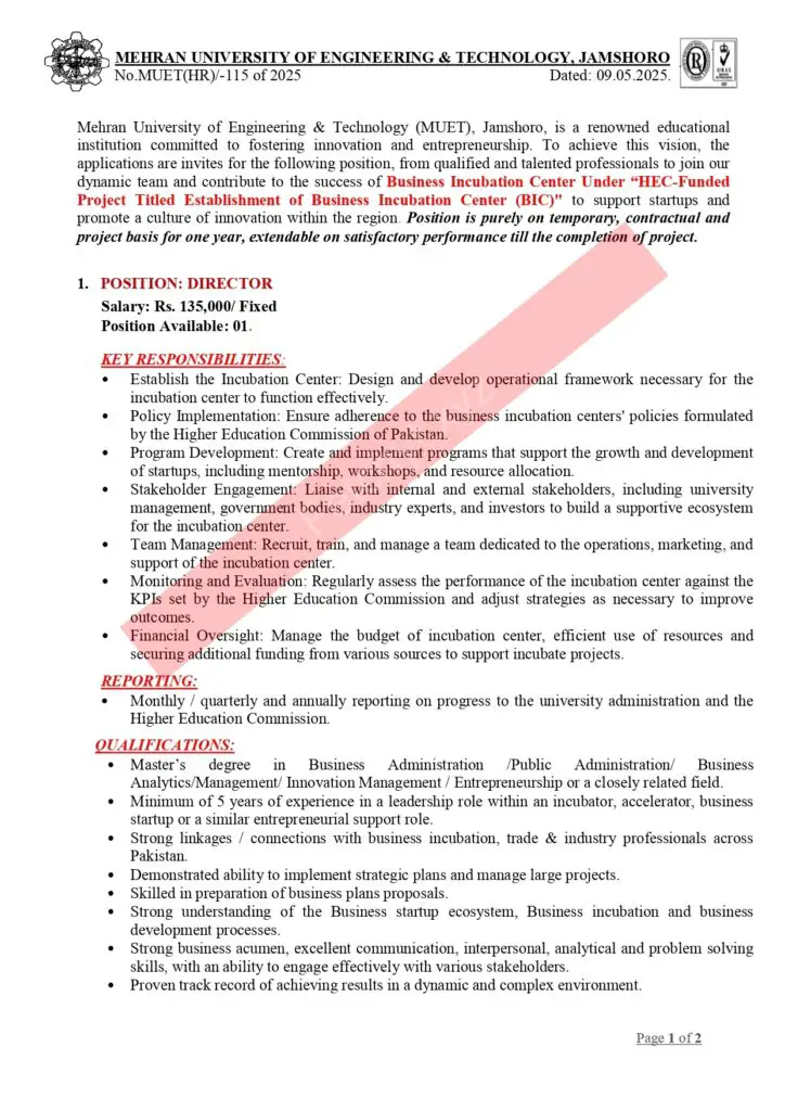 Career Opportunities at MUET Jamshoro Advertisment Page 01