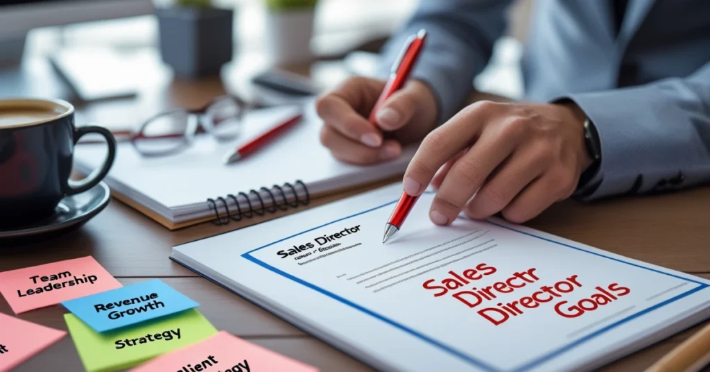 Professional’s hands editing a resume with a red pen and a notepad beside it labeled Sales Director Goals